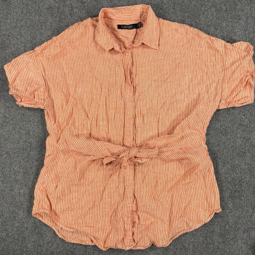 Lauren Ralph Lauren Linen Top Womens Large Peach White Stripe Waist Tie Button
